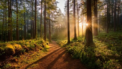 Obraz premium a sunrise walk in the forest