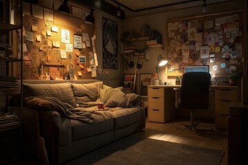 Cozy home study area with warm lighting and inspirational decor in the evening hours