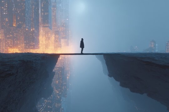 Person stands on a narrow bridge overlooking a futuristic city at dusk