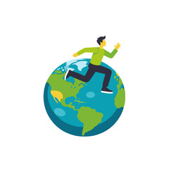 Fototapeta premium Global Business Growth- Man Running on the World- Expanding Reach Internationally- Global Success- International Expansion- Business Growth Strategy
