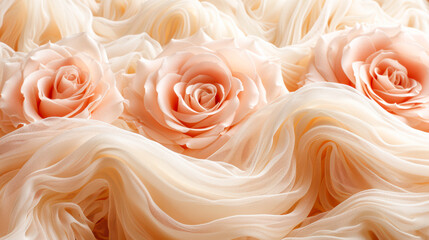 Soft pink roses nestled in flowing silk fabric creating an elegant and romantic atmosphere