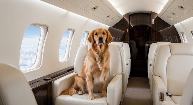 Golden Retriever in Private Jet - A golden retriever sits calmly in a luxurious private jet cabin, enjoying the in-flight experience