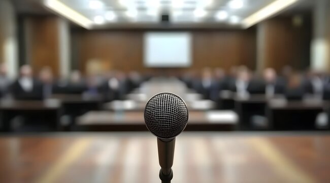 A microphone positioned in the foreground of a conference room with blurred attendees in the background The image represents public speaking and presentations 