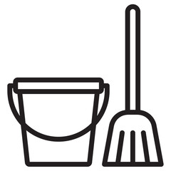 besom with stick and pail icon thin vector sign symbol