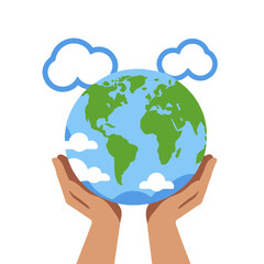 Fototapeta premium Hands Holding Planet Earth-Environmental Protection and Sustainability-Eco-Friendly Practices-Cartoon Earth with Clouds-Save the Earth-Climate Change Awareness