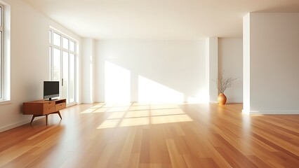 Minimalist living room with clean white walls and warm wood flooring, featuring mid-century modern furniture and soft natural light.