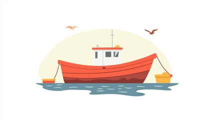 Naklejka premium A bright red fishing boat floats peacefully on calm water, surrounded by seagulls. This whimsical illustration captures the essence of coastal life and adventure.