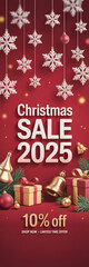 Red Christmas 2025 Sale Banner 3 D Render Gold Bells Gifts Snowflakes 10 Percent Off Discount Web Poster Social Media Ready Banner