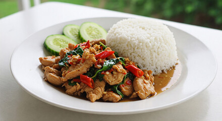 A plate of  stir-fried basil with a chicken beside a jasmine rice.