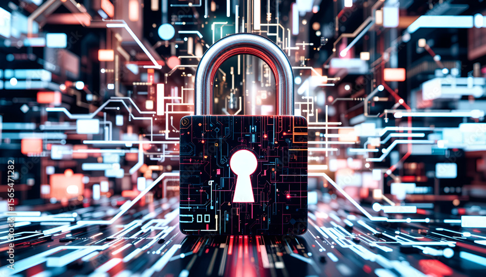 Poster padlock securing futuristic technology, data, and information with glowing circuit board patterns in