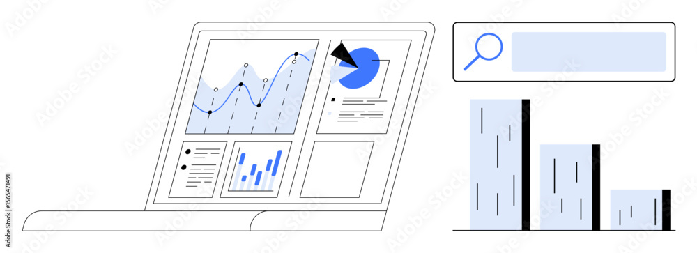 Poster graphical interface on a laptop with line and pie charts, bar graphs, and a search input. ideal for 