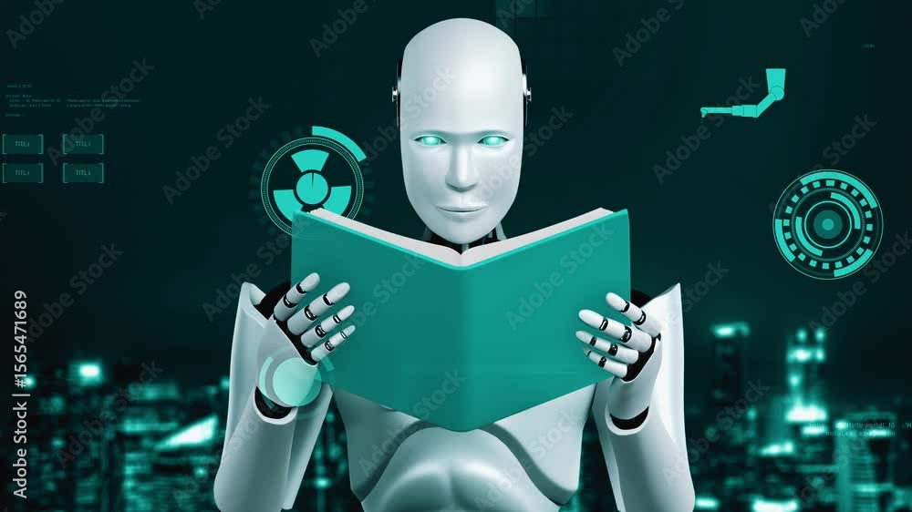 Poster futuristic robot artificial intelligence huminoid ai for industrial factory technology development a