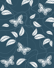 White Butterflies and Leaves on Blue Background