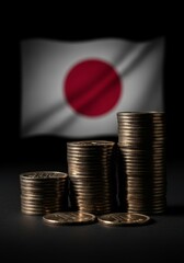 Japanese Yen Stacks and Flag - Japanese yen coins stacked in ascending order, set against a blurred Japanese flag backdrop. Symbolizing growth, economy, finance, stability, and national identity