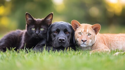 A charming scene featuring a black cat, a black dog, and an orange cat relaxing together on green grass. The animals display friendship and tranquility in a beautiful outdoor setting.