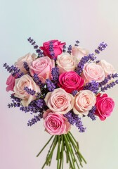 Fototapeta premium Lovely Lavender and Rose Bouquet - A delightful arrangement of pink and lavender roses, symbolizing love, romance, serenity, purity, and friendship. Perfect for a special occasion