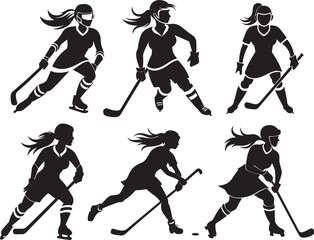 a female ice hockey player silhouette, black and white silhouette, vector and illustration set