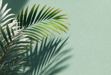 Soft - shadowed palm leaf on green background in flat lay style