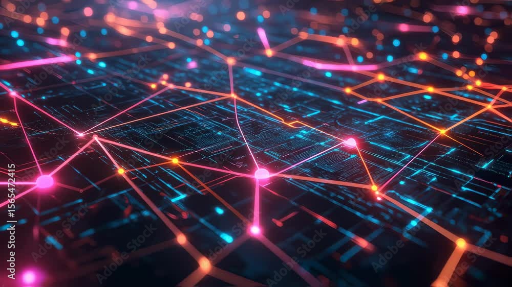 Poster digital network: a complex network of interconnected lines and nodes pulsates with energy, suggestin