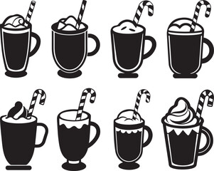 set of festive cocoa or eggnog with candy silhouette, black and white silhouette, vector and illustration