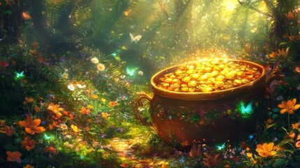 Enchanted Forest Gold Pot Filled With Golden Coins