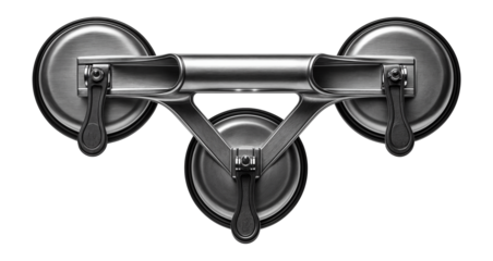 Triple-cup suction lifter with a metal frame for lifting and positioning glass in a glazing factory.
