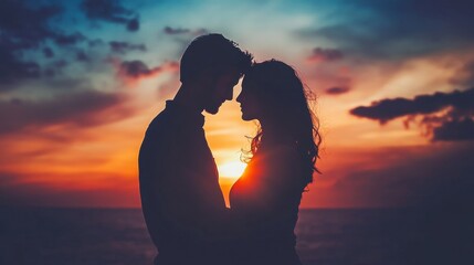 A captivating silhouette of a couple embracing at sunset on the beach, capturing the essence of love and intimacy against a vibrant sky.