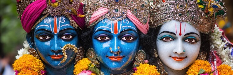 Fototapeta premium This vibrant image showcases three Hindu deities adorned with colorful decorations, symbolizing divinity and devotion during a cultural celebration. The intricate details and bright colors create a