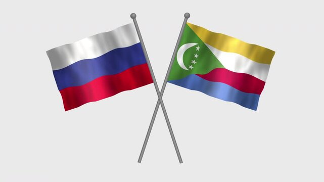 Flag of Comoros and Russia, Cross table flag of Comoros and Russia on white screen, Comoros and Russia 3D Animation flag waving in the wind isolated on white Background. 

