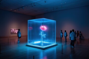 Innovative neon rose sculpture displayed in a modern art gallery at night