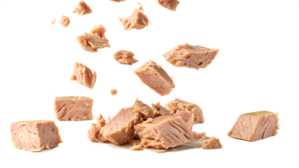 Flying falling canned tuna pieces isolated on a white background PNG. AI GENERATED.