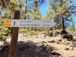 Hiking trail with arrow pointers sign in Tenerife, Canary Islands, Spain.Travel or vacation...