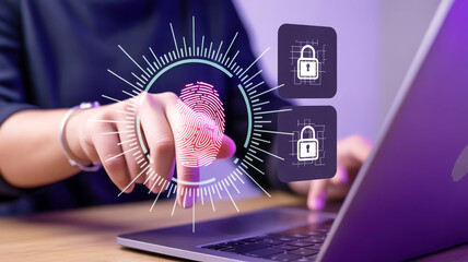 A hand interacts with a glowing pink fingerprint scan on a holographic interface amid dark purple panels and blurred laptop keyboard background