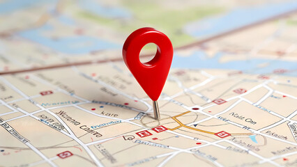 Find location on map with red pin point gps navigation destination travel route planning and direction