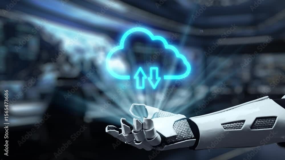 Aufkleber a futuristic robotic hand reaches out to interact with glowing cloud icons, symbolizing data transfe