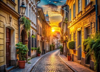 Fototapeta premium Old European street in golden hour