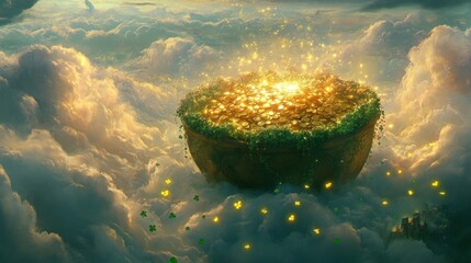 A Golden Pot Of Coins Floats Among Clouds