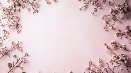 Fototapeta premium A beautiful arrangement of delicate flowers surrounds a soft pink background, creating a serene and elegant display perfect for design projects and seasonal themes.