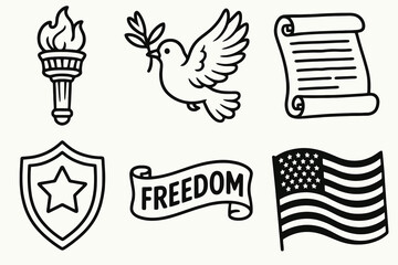 Cartoon icons in black and white for liberty themes. Clean vector for patriotic use.