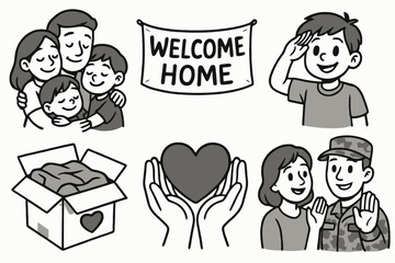 6 black and white family icons. Cartoon vector for Veterans Day themes.

