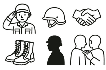 6 black and white soldier icons. Cartoon vector for Veterans Day.