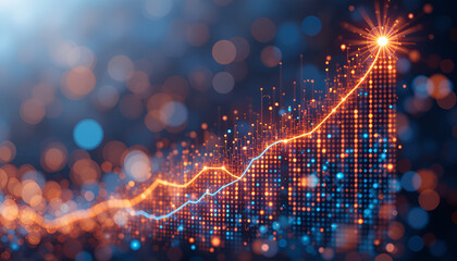 Upward financial trend is shown by vibrant orange and blue digital graph ascending to a shining star, indicating growth.