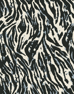 Seamless zebra skin pattern with isolated abstract hand drawn art wild leopard animal tiger skin background elements in black and white colors.Leopard , zebra and tiger mix furry skin seamless pattern