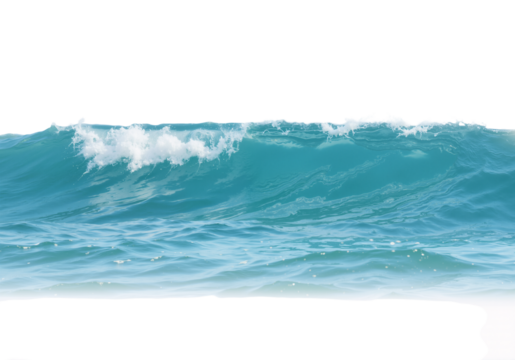 Transparent ocean wave overlay with white foam on white background, high-resolution fresh summer coastal design PNG