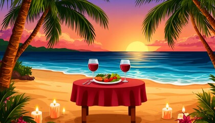 romantic dinner on the beach at sunset wine fruits illustration palm trees ocean
