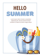 Hello summer flyer template. Beach bag, flip-flops, sunscreen and sunglasses. Travel concept.