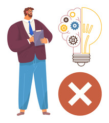 Thoughtful man holding clipboard near lightbulb with gears and large X icon. Ideal for innovation, failure analysis, creativity, brainstorming, problem-solving, decision-making, motivational