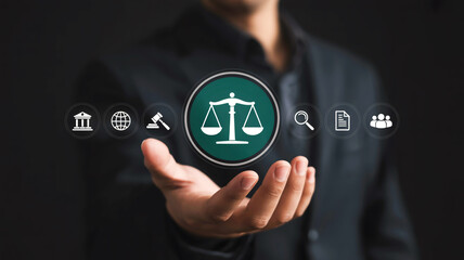 A hand touches a legal-themed digital interface with central justice icon and six surrounding symbols on a dark, minimalist black background