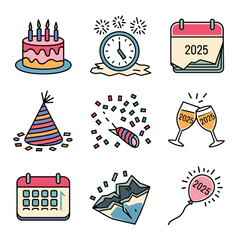 vector Birthdays, New Year celebrations, and the number 2025 Birthday Cake Icon
