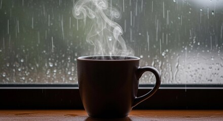 Hot coffee mug on a rainy day